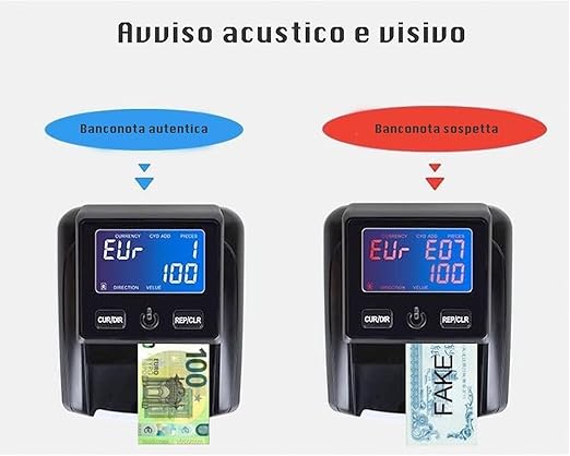 Rilevatore DI SOLDI FALSI Verifica Banconote False EURO CON BATTERIA RICARICABILE E CONTA BANCONOTE