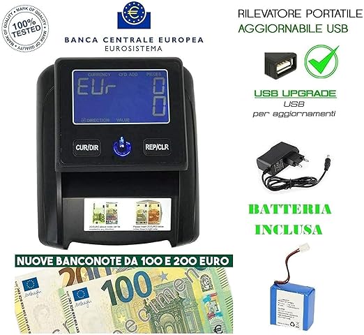 Rilevatore DI SOLDI FALSI Verifica Banconote False EURO CON BATTERIA RICARICABILE E CONTA BANCONOTE