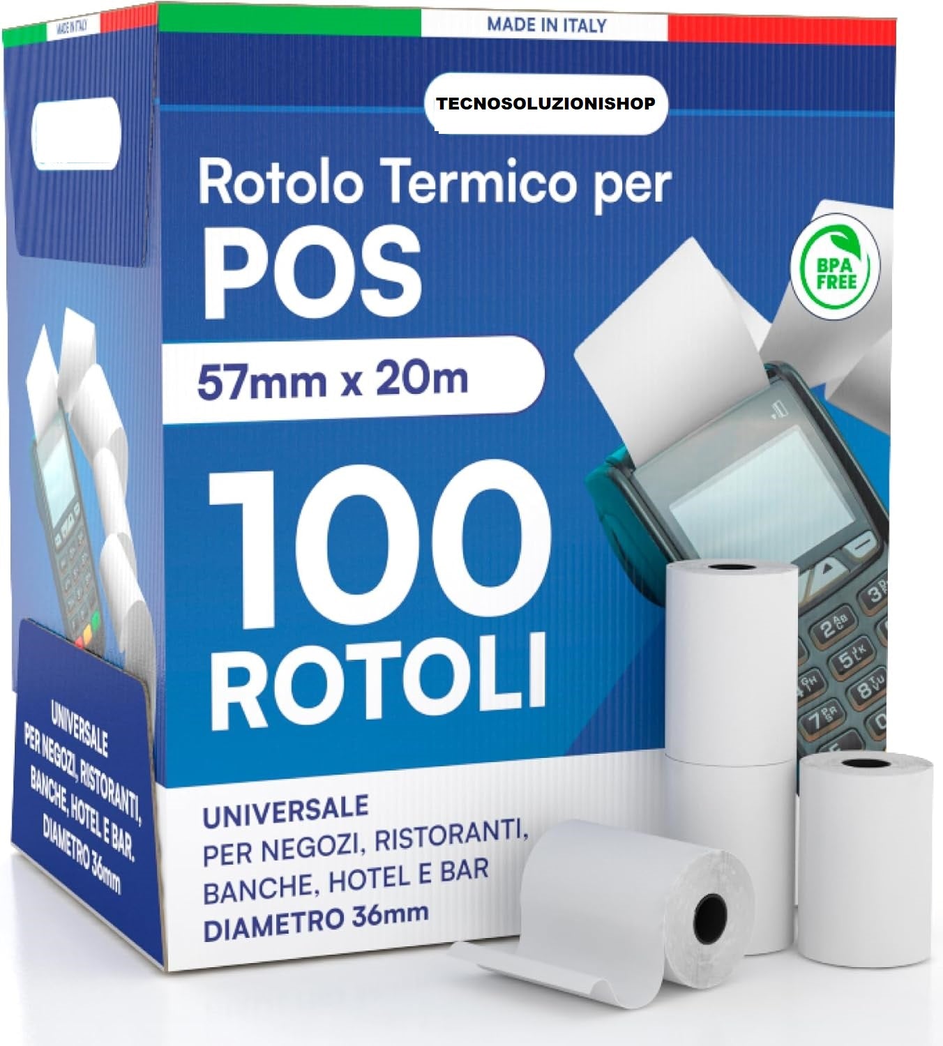 100 ROTOLI POS 57X20 METRI – ROTOLINI TERMICI PER POS E ALTRI DISPOSITIVI, PRONTI ALL’USO, FATTURA E GARANZIA INCLUSE